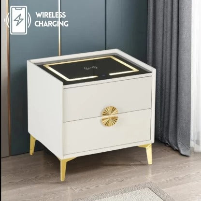 Smart Bedroom Nightstand with USB Charging Station Storage Drawer and Open Shelf