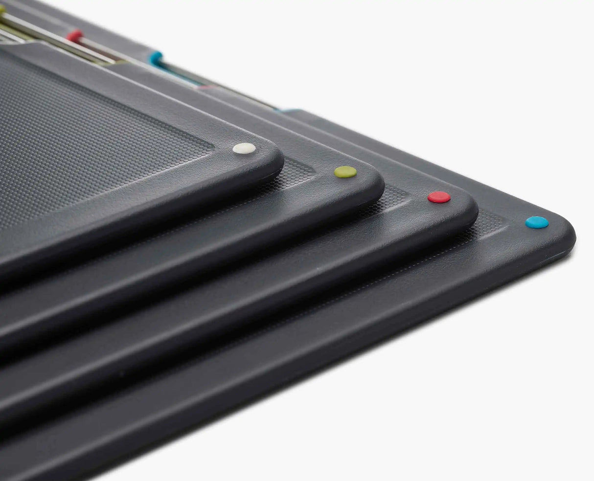 Detail of the textured cutting surface and non-slip feet on one board.