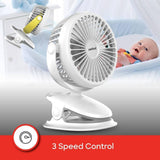 SANFORD Rechargeable Portable Clip Fan – 2000mAh Battery, 5Hr Run Time, 3-Speed, 360° Rotation, Strong Grip Clip, USB Charging