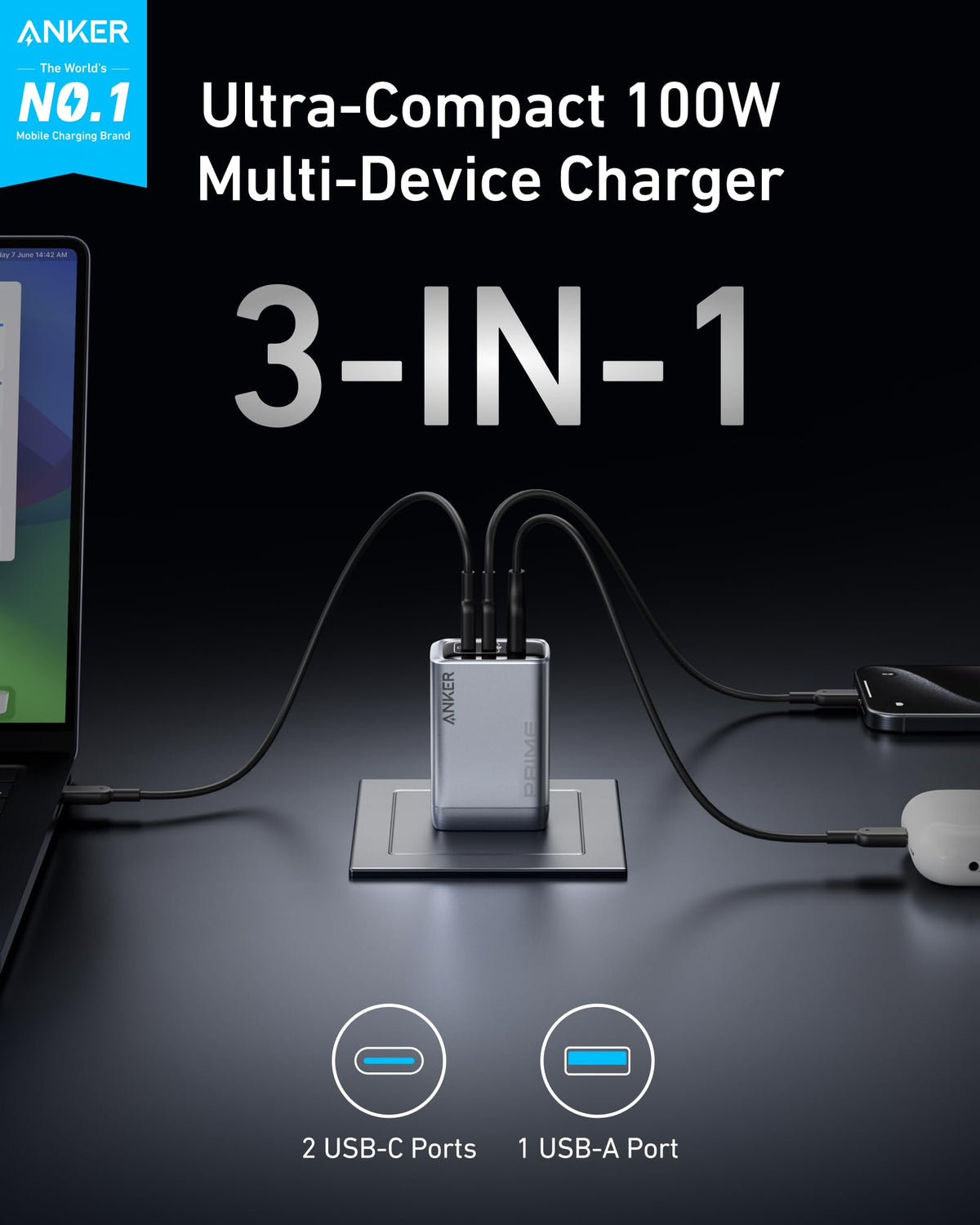 Anker Prime Charger 100W GaN 3 Port Silver