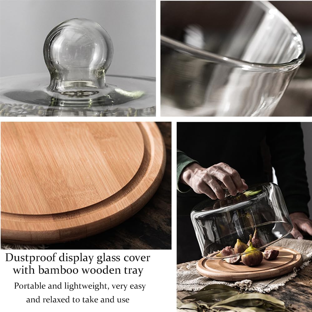 Wooden Cake Stand with Dome Lid Glass Dome with Wooden Base Wooden Dessert Tray Cake Plate Square Round Cupcake Plate with Lid Salad Bowl Snack Tray Serving Plate