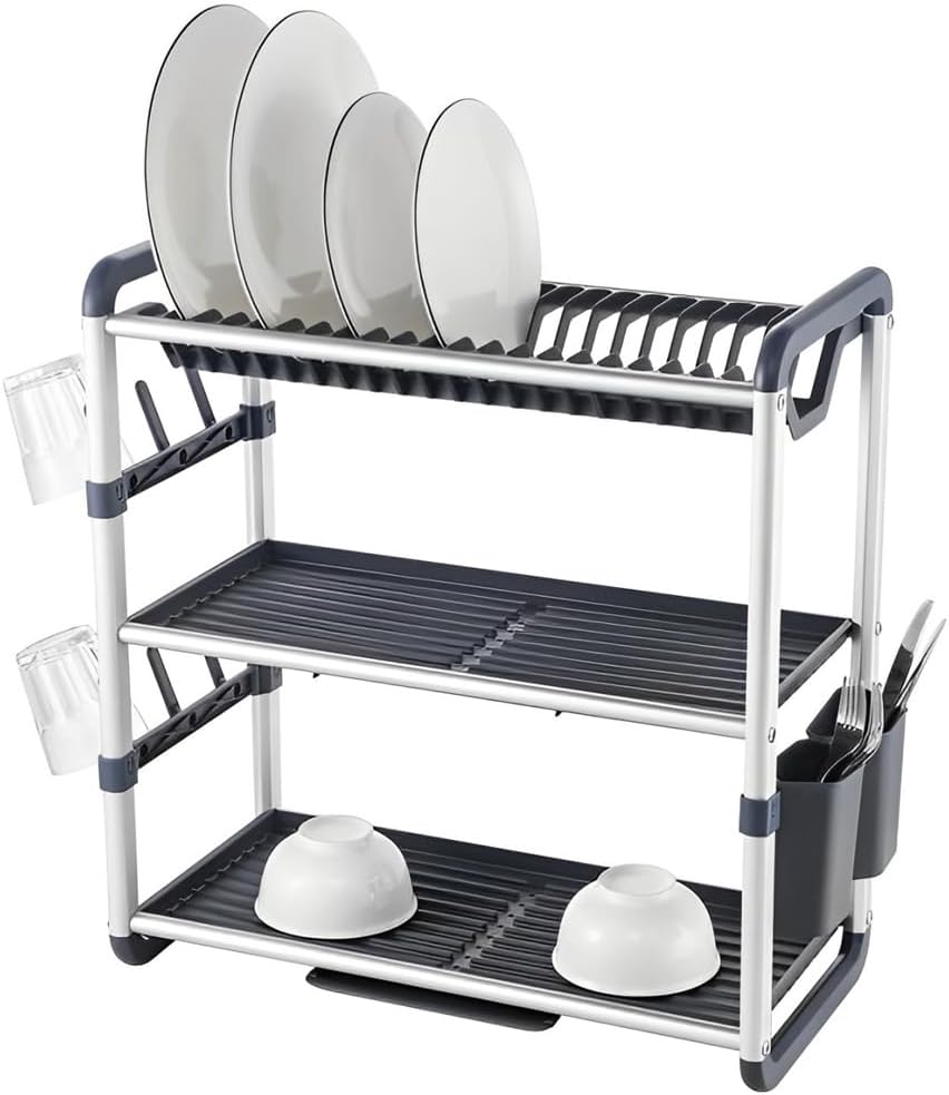 Aluminium Dish Drying Rack Multifunctional Dish Rack, Large Capacity Dish Drainer for Kitchen Counter, Rustproof Dish Drying Rack with Cutlery & Cup Holders