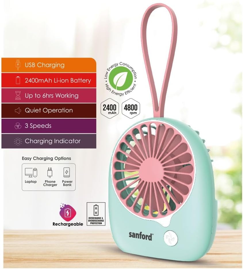 SANFORD Rechargeable Mini Fan USB Powered, 2400mAh Li-ion Battery, 6-Hour Run Time, 3-Speed Quiet Operation, Portable Desktop Fan with Overcharge Protection