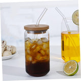 pcs Straw Glass Tumbler Straws Coffee Cup with Lid Glass Milk Cup Miss Bamboo Cover Household