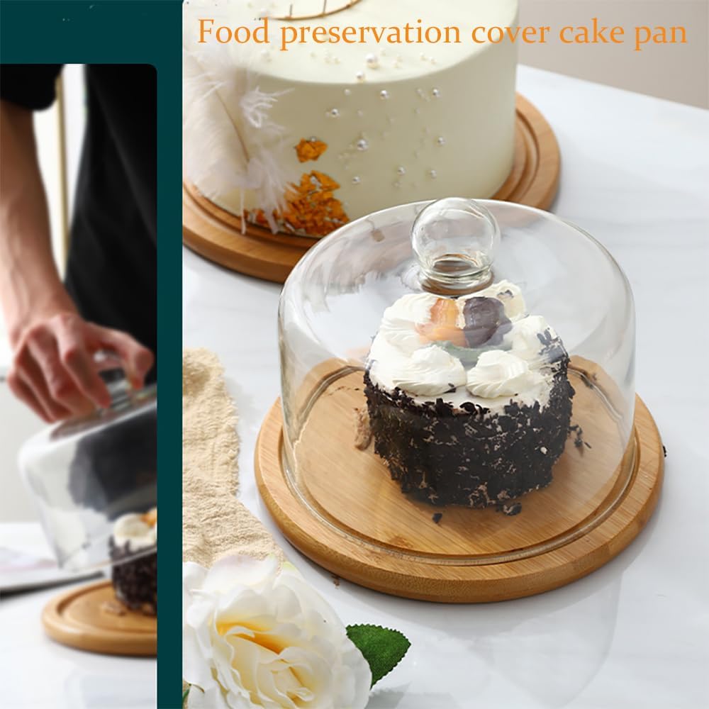 Wooden Cake Stand with Dome Lid Glass Dome with Wooden Base Wooden Dessert Tray Cake Plate Square Round Cupcake Plate with Lid Salad Bowl Snack Tray Serving Plate