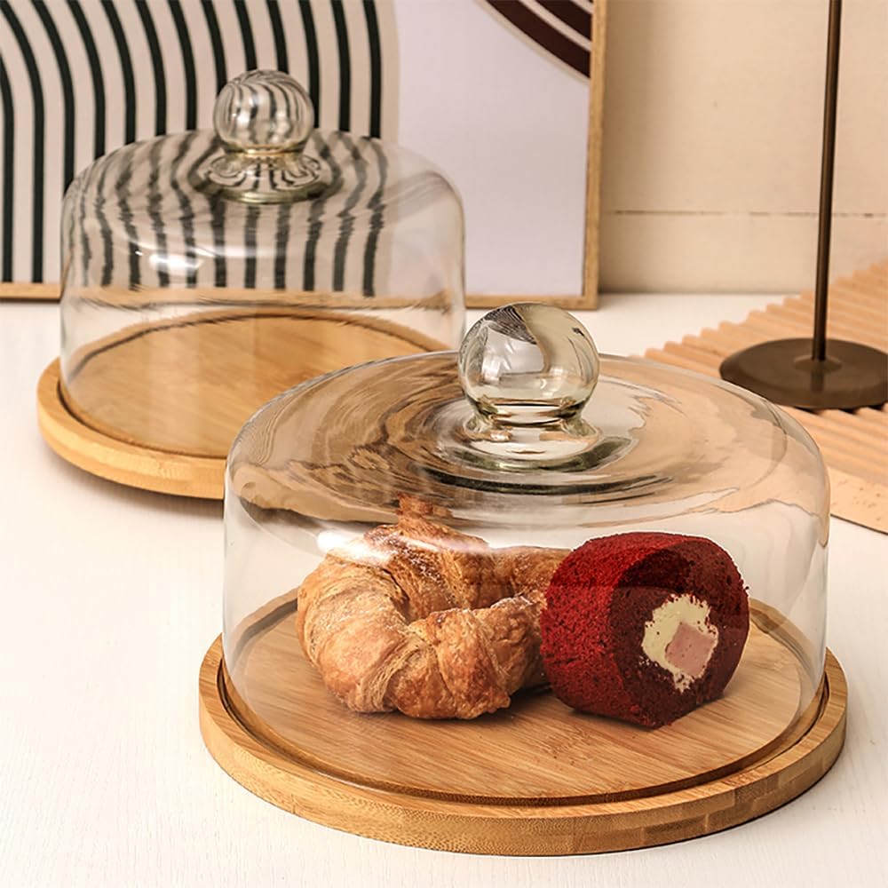 Wooden Cake Stand with Dome Lid Glass Dome with Wooden Base Wooden Dessert Tray Cake Plate Square Round Cupcake Plate with Lid Salad Bowl Snack Tray Serving Plate