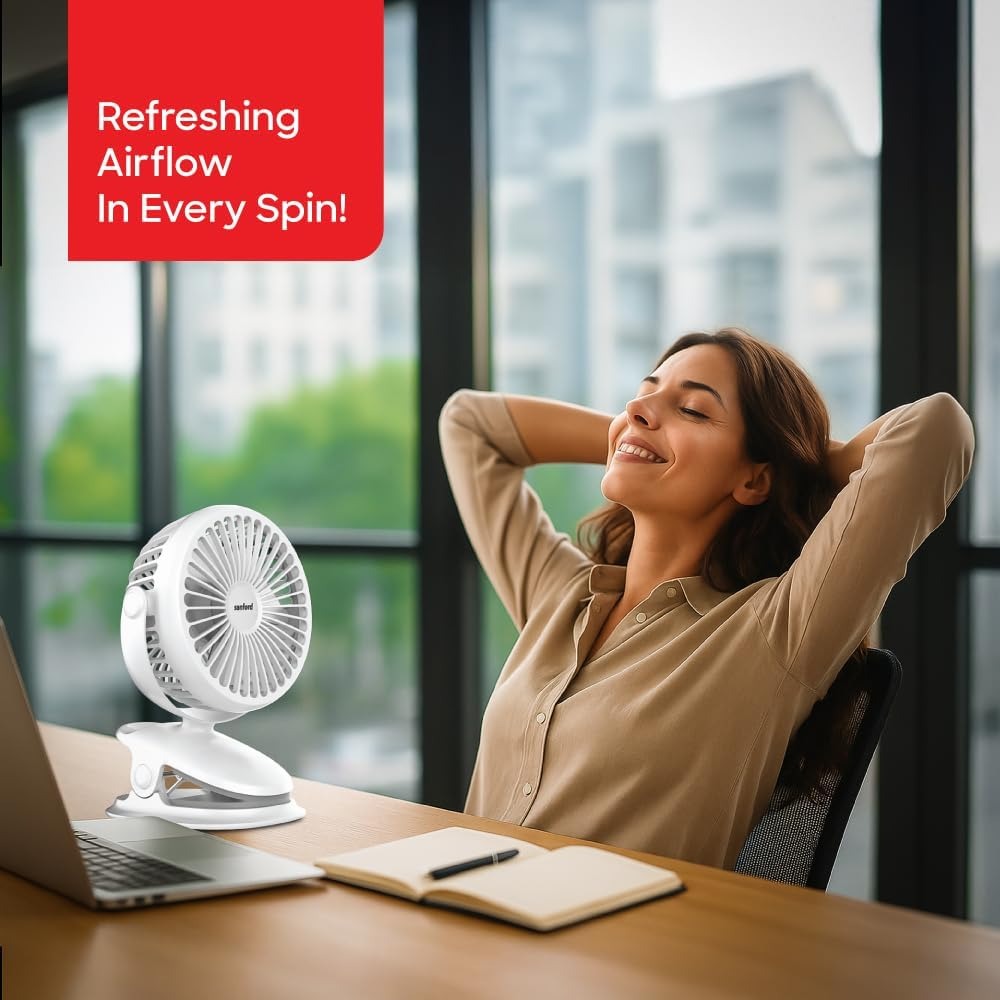SANFORD Rechargeable Portable Clip Fan – 2000mAh Battery, 5Hr Run Time, 3-Speed, 360° Rotation, Strong Grip Clip, USB Charging