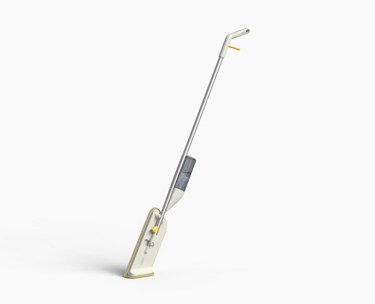 Joseph Joseph CleanTech 2-in-1 spray mop in stone, standing upright.
