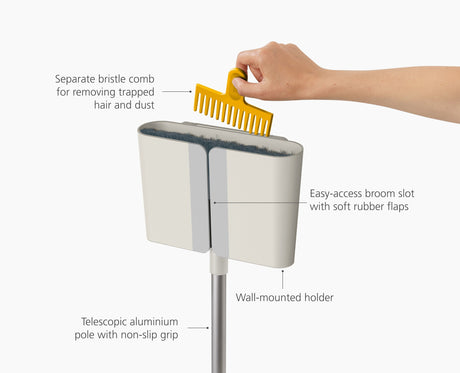 The Dust-shield holder mounted on a wall with the broom stored inside.