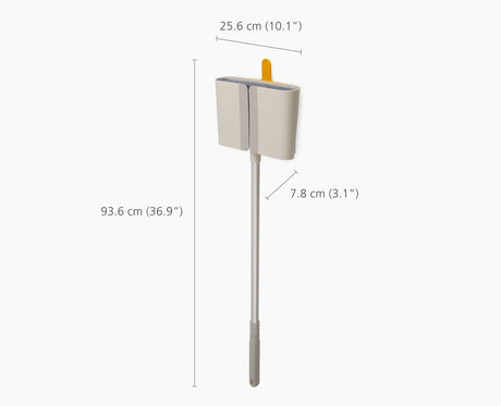 Front view of the CleanTech broom and holder as a complete set.