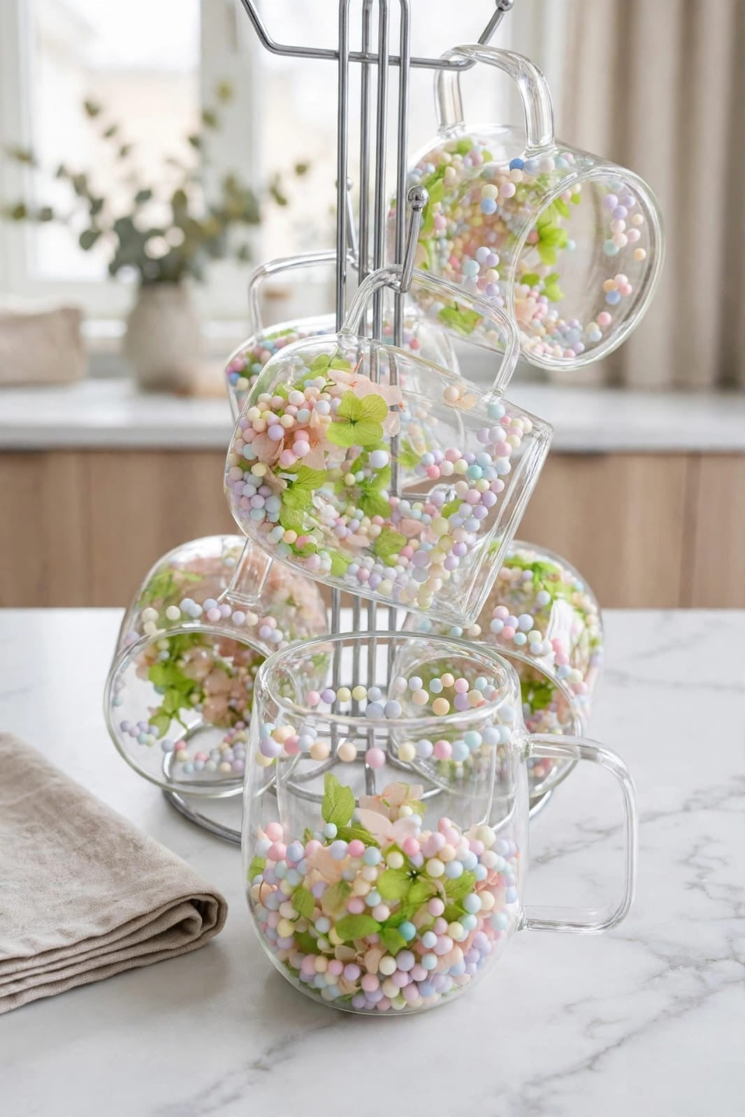Dried Flower Double Wall Glass Mugs Set of 2, 350ml with Pastel Beads | Borosilicate Glass Coffee and Tea Mugs with Handle