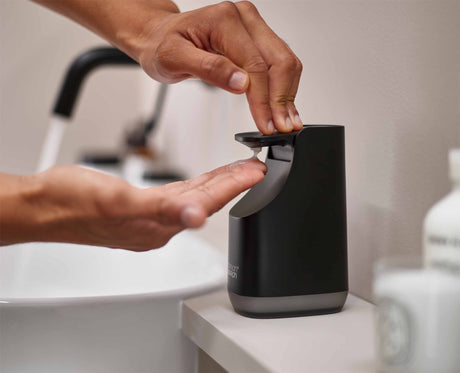 Joseph Joseph Slim Compact soap pump in matt black fill-level window detail, Homelux Kenya