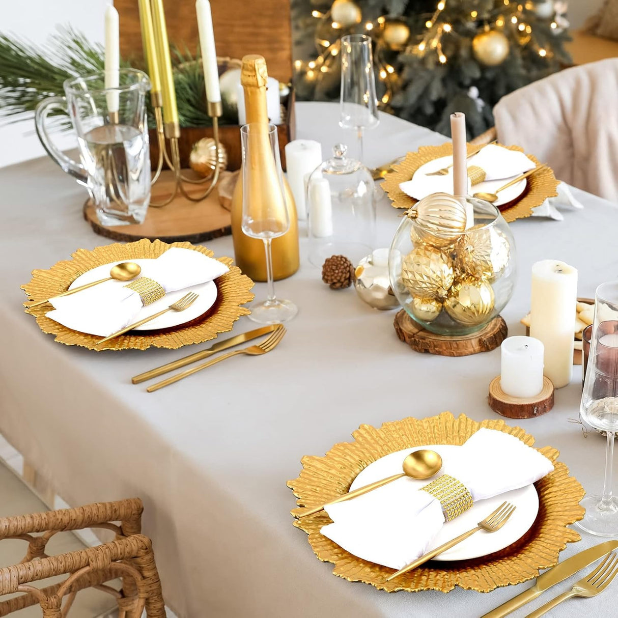 6 Pack Gold Charger Plates for Dinner Plates, 13" Round Plastic Chain Shaped Charger Service Plates, Decorative Chargers Bulk for Table Setting, Wedding, Party, Event