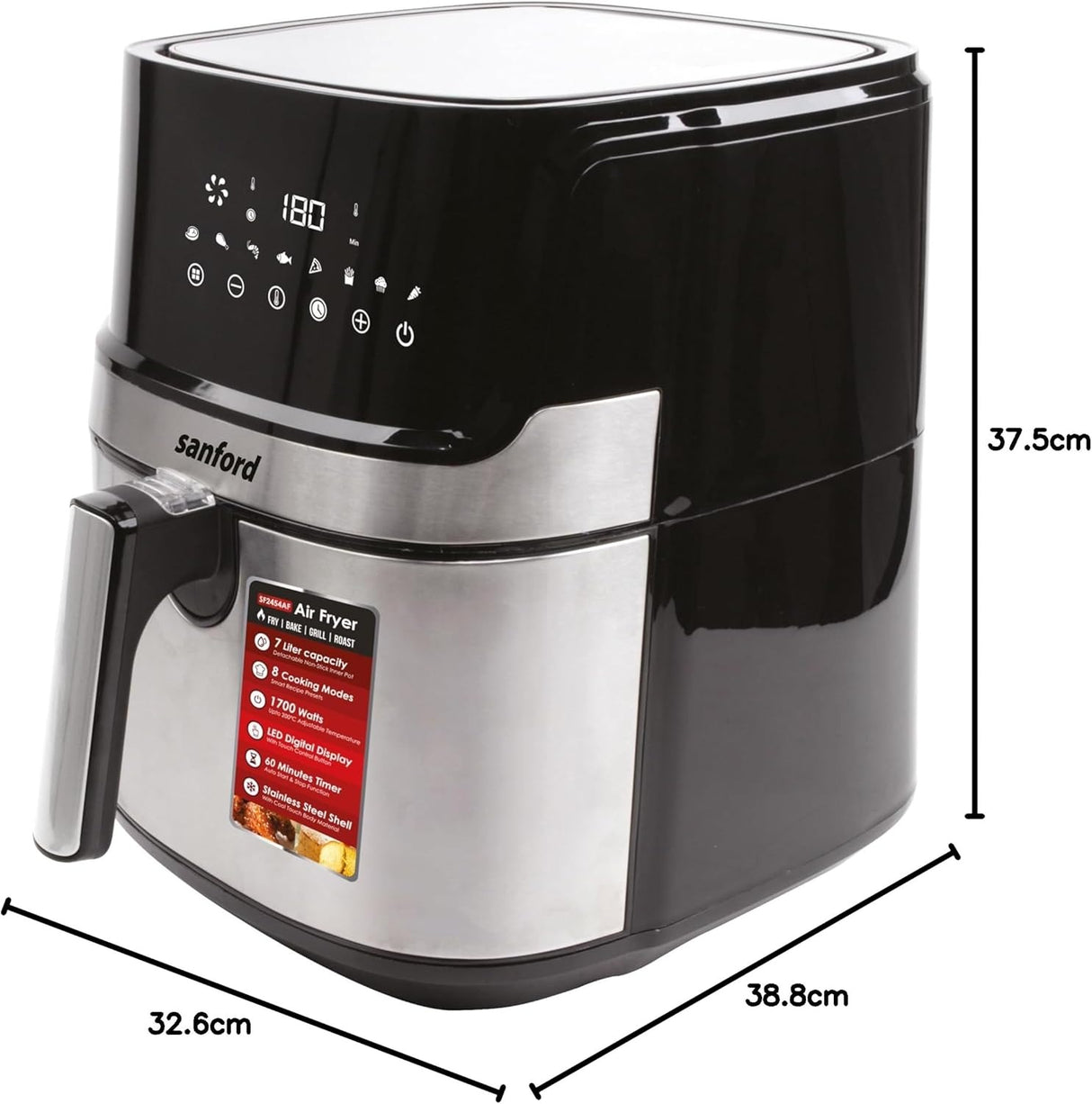 Sanford Digital Non Stick Air Fryer, 1700W, 7L, Touch Control Panel, 12 Presets Modes, Oil Free Cooking, Advanced Vortex Technology, Adjustable Temperature and Timer, Auto Shutoff and Alarm