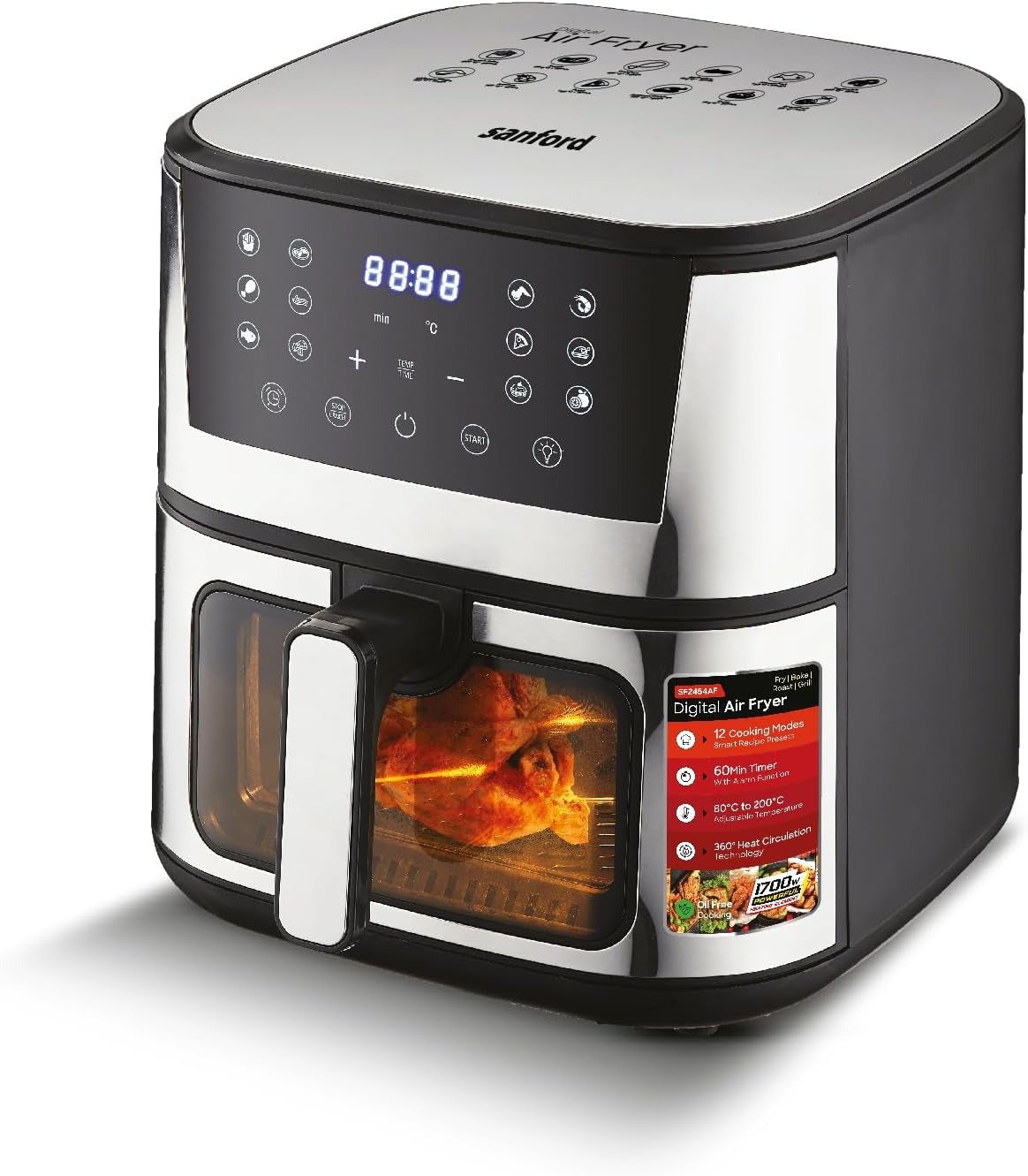 Sanford Digital Non Stick Air Fryer, 1700W, 7L, Touch Control Panel, 12 Presets Modes, Oil Free Cooking, Advanced Vortex Technology, Adjustable Temperature and Timer, Auto Shutoff and Alarm