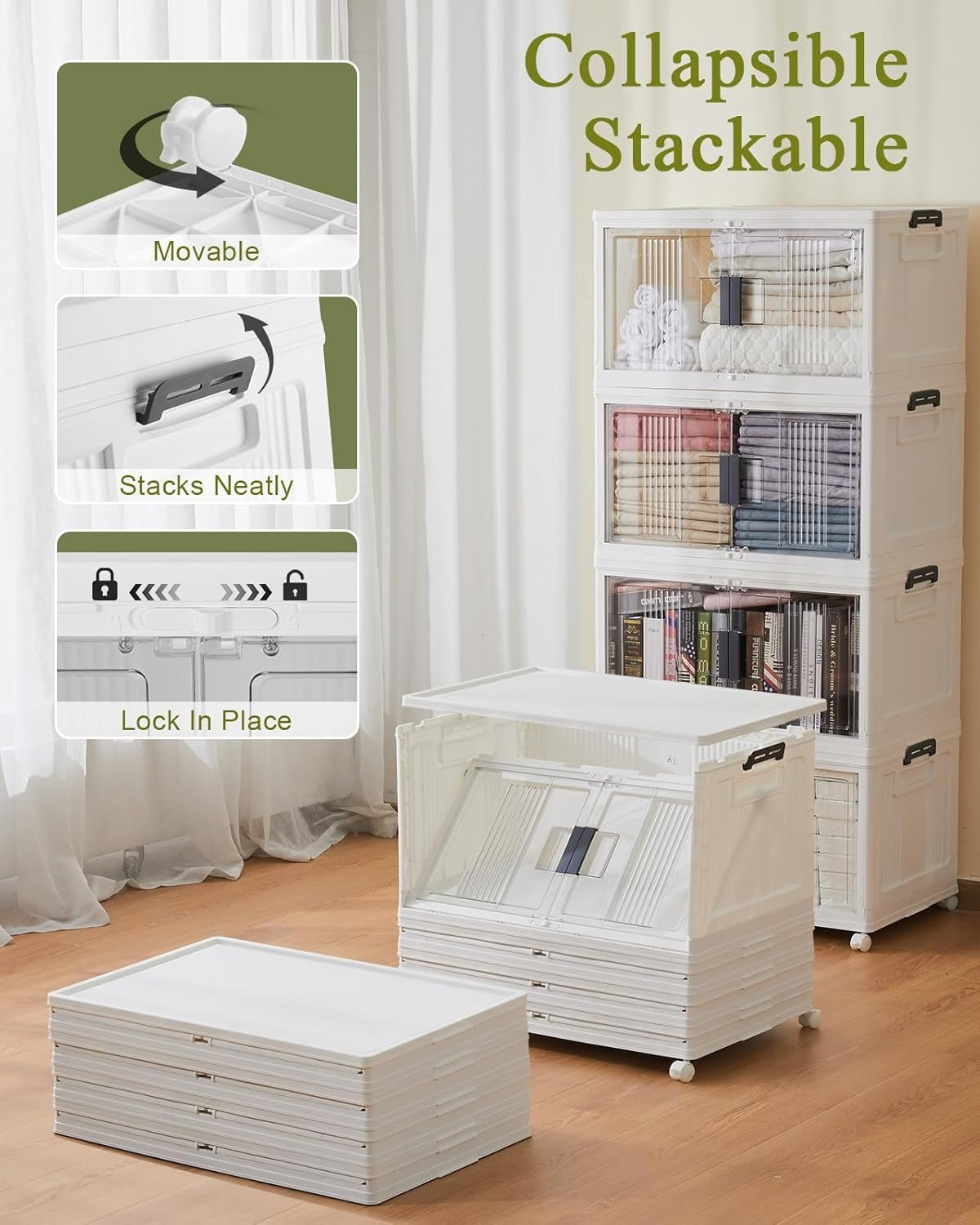 Folding Storage Box with Doors and Wheels  Collapsible Plastic Storage Bin for Closet, Bedroom & Kids Room Stackable Organiser