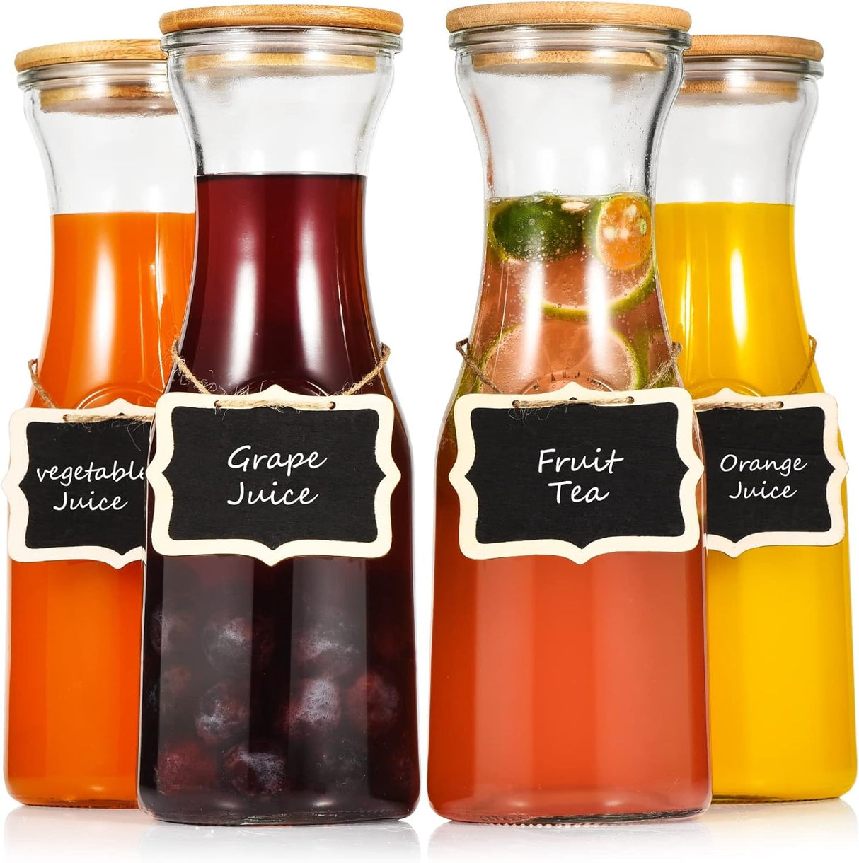 Glass Carafe Pitchers, Beverage Dispensers with Bamboo Lids and Tags, Clear Jugs For Mimosa Bar, Wine, Iced Tea, Lemonade, Milk and Juice, 1000ml, Set of 4