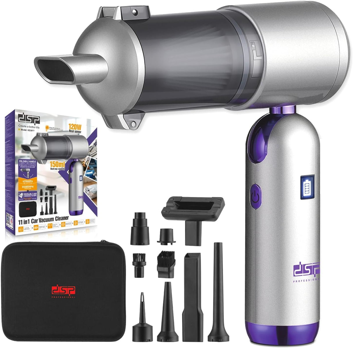 DSP 11-in-1 Handheld Car Vacuum Cleaner, 120W High Power Cordless Vac with 17kPa Suction, Multi-Nozzles for Car, Home, Keyboard, Sofa & Pet