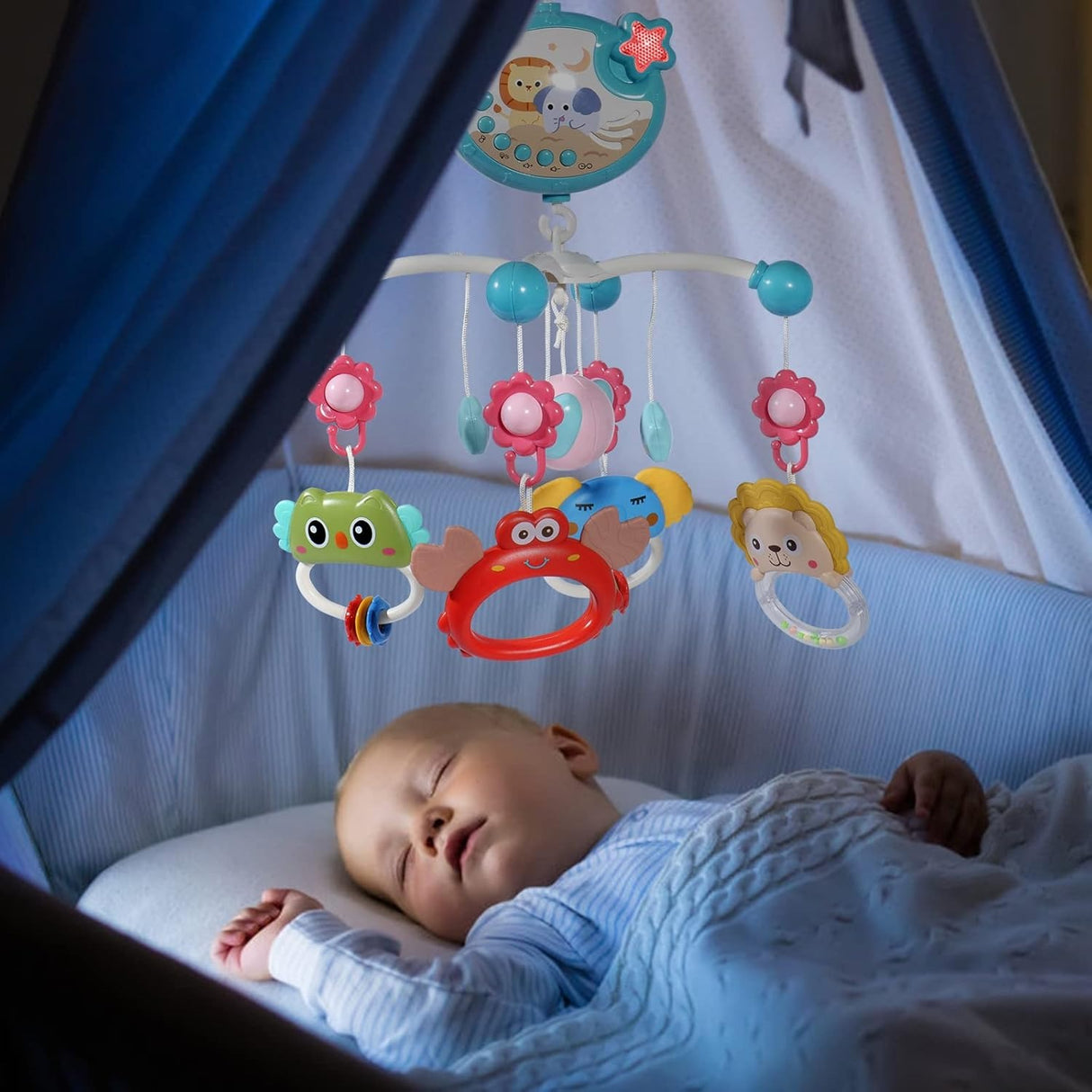 Cot Mobile for Babies, Baby Mobile for Crib, Hanging Projection Mobile with Music Box, Timing Function, Musical Mobile for Baby, Gifts for 0-12 Months Newborn (Blue)