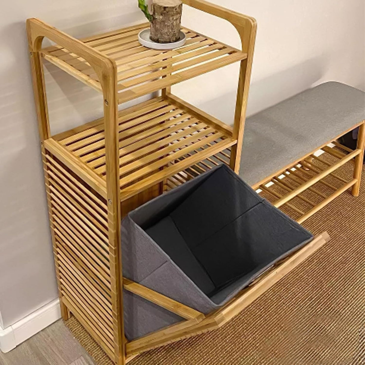 Tilt Out Laundry Hamper, Bamboo Laundry Hamper with Storage Shelves, Laundry Hamper Cabinet Tilt Out Basket with Removable Liner Bag