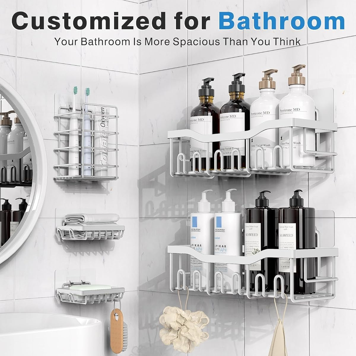 Shower Caddy Bathroom Organizer Pack Shampoo Holder Basket Shelves for Storage and Organization, Wall Suction Bath