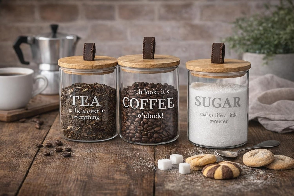 Danny Home Glass Sugar Tea Coffee Canister Set 3pcs | Modern Kitchen Storage Jars