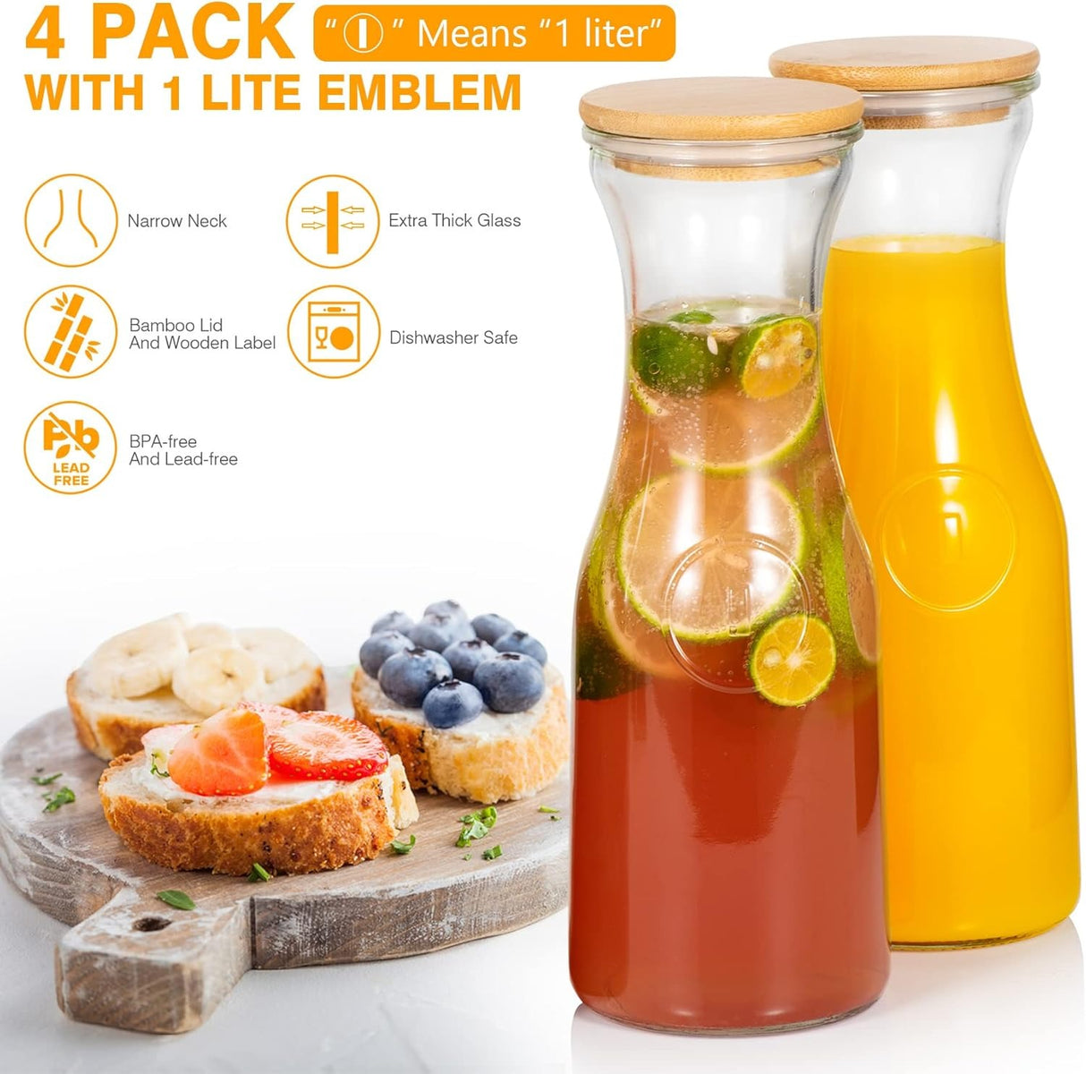 Glass Carafe Pitchers, Beverage Dispensers with Bamboo Lids and Tags, Clear Jugs For Mimosa Bar, Wine, Iced Tea, Lemonade, Milk and Juice, 1000ml, Set of 4
