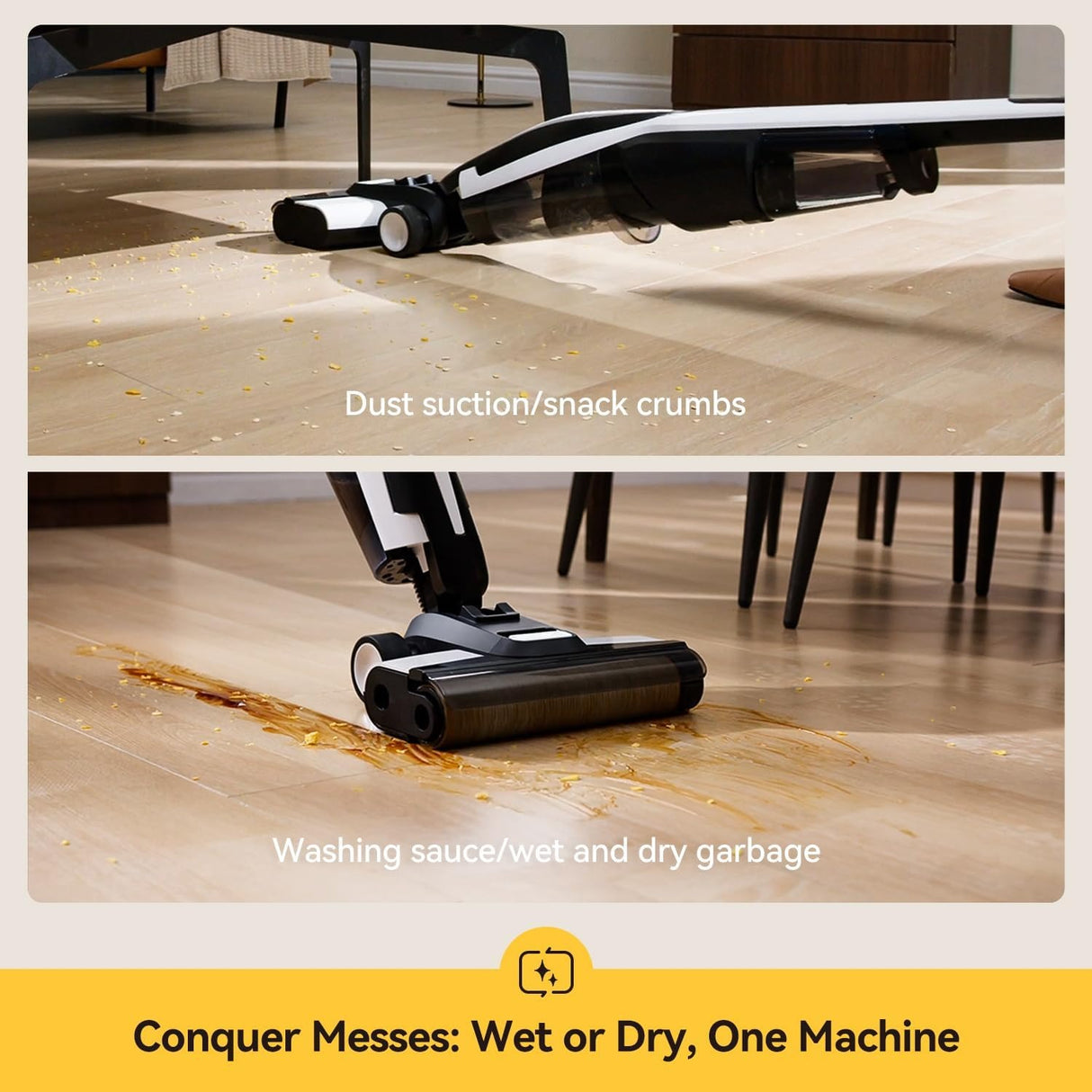 Deerma Wet Dry Vacuum Cleaners for Home, 180°Lie-Flat Cordless Vacuum Mop All in One with Voice Prompts Edge Cleaning Self-Cleaning Vac Mop for Hard Floors Sticky Messes and Pet Hair Quick Cleanups