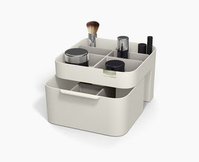 Joseph Joseph Viva cosmetic organiser in Shell shown from the front with the drawer closed.