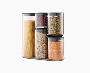 Joseph Joseph Podium 5-piece storage set with all five containers on the stand.