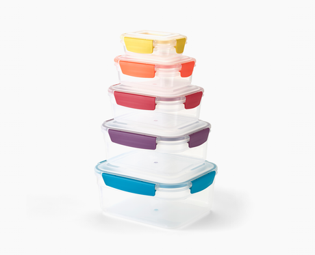 Containers filled with food and stacked ready for the fridge.