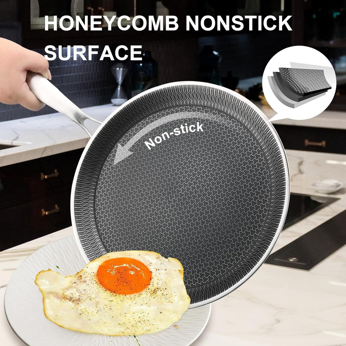 Uakeen 28cm Non-Stick Frying Pan Stainless Steel Flat Skillet with Honeycomb Coating Induction Compatible Chapati, Pizza & Omelette Pan