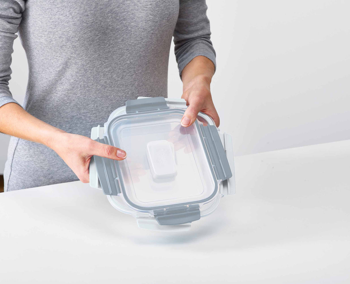 A container packed with food and closed ready to carry.