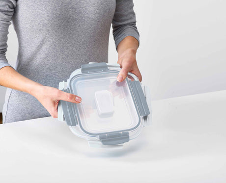 A container packed with food and closed ready to carry.