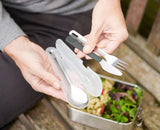 The knife, fork and spoon laid out beside the open case.