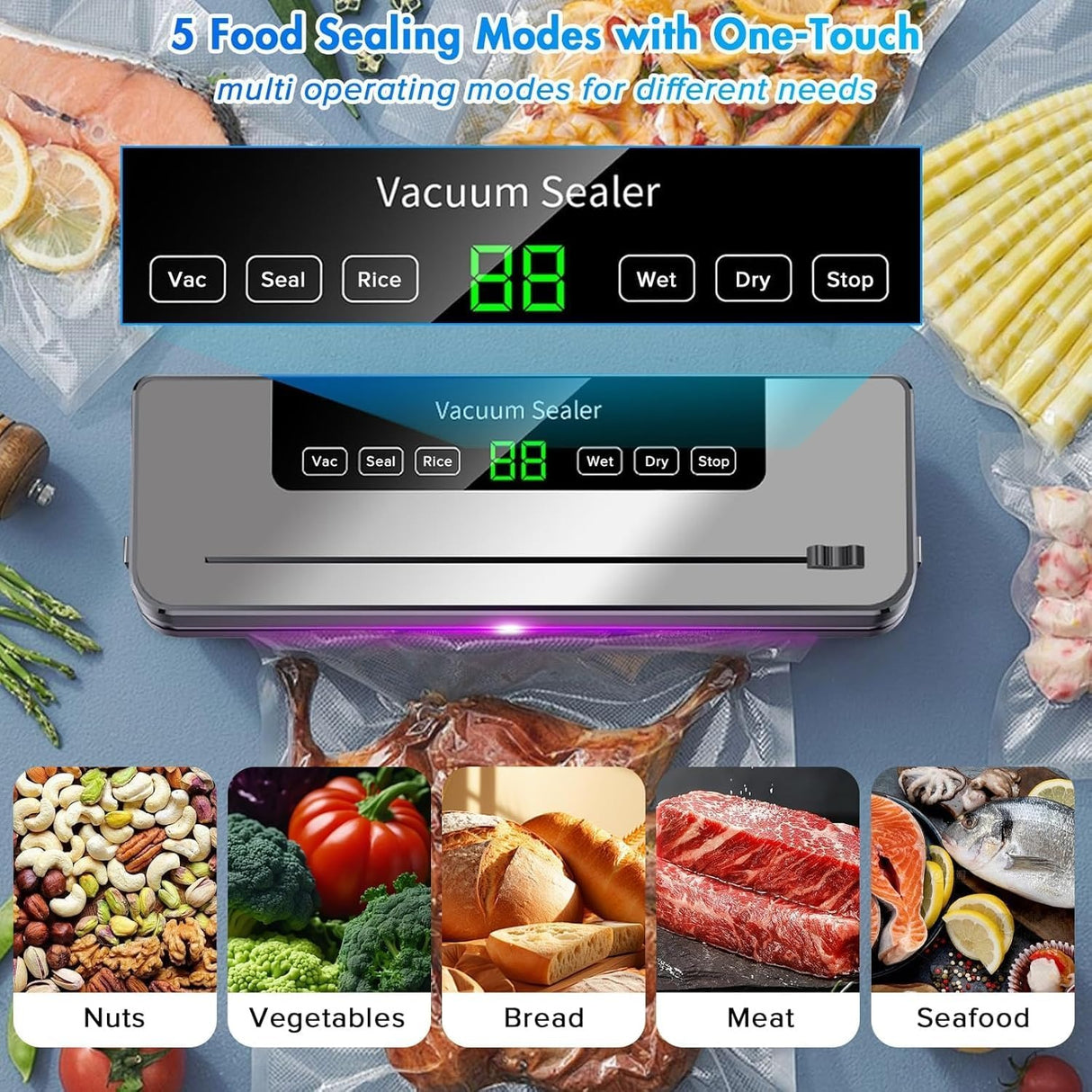 Vacuum Sealer Machine 5-in-1 Fully Automatic Food Saver with Dry/Moist Mode, LED Display & Seal Function – For Meat, Veggies, Fruits & Leftovers