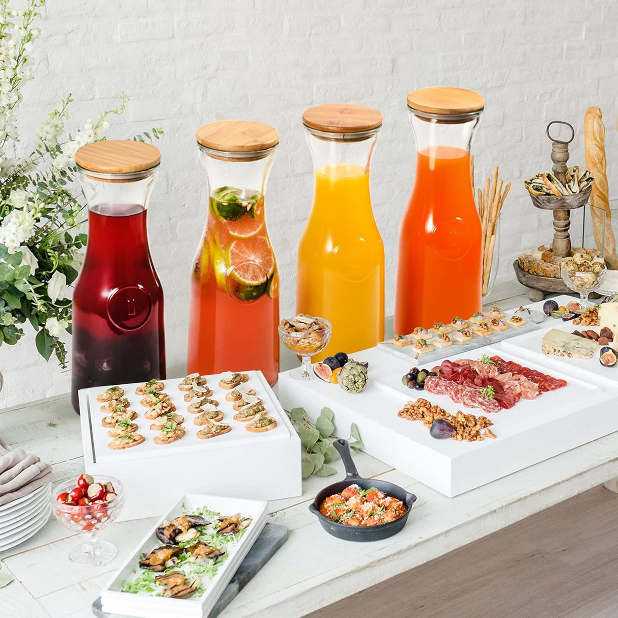 Glass Carafe Pitchers, Beverage Dispensers with Bamboo Lids and Tags, Clear Jugs For Mimosa Bar, Wine, Iced Tea, Lemonade, Milk and Juice, 1000ml, Set of 4