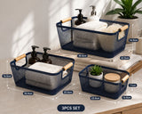 Bathlux 3-Piece Metal Mesh Storage Basket Set with Wooden Handles, Bathroom & Kitchen Organisers