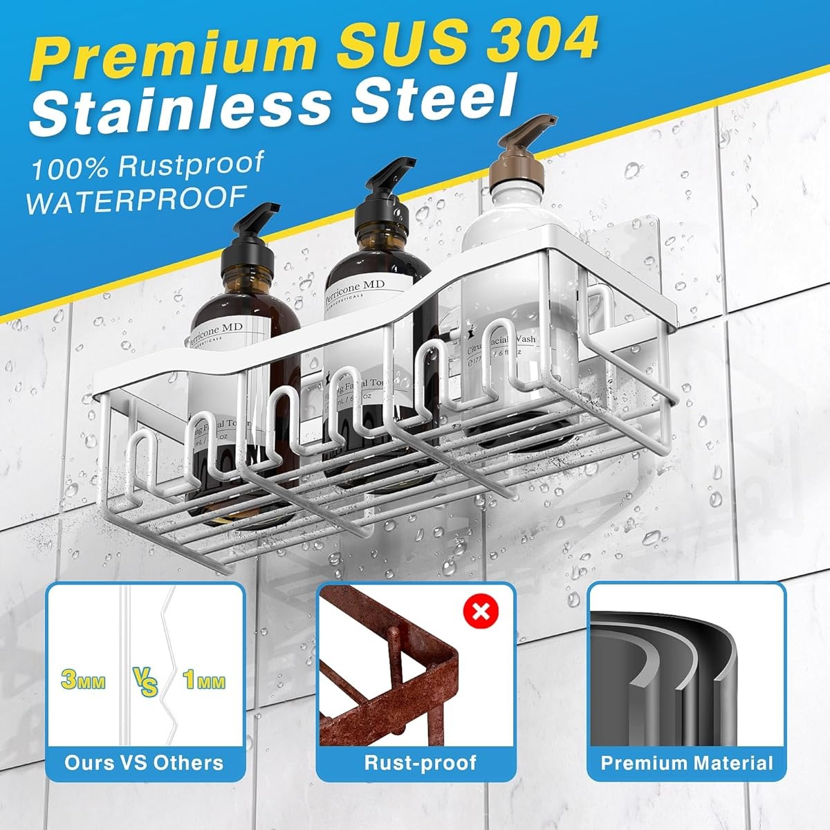 Shower Caddy Bathroom Organizer Pack Shampoo Holder Basket Shelves for Storage and Organization, Wall Suction Bath