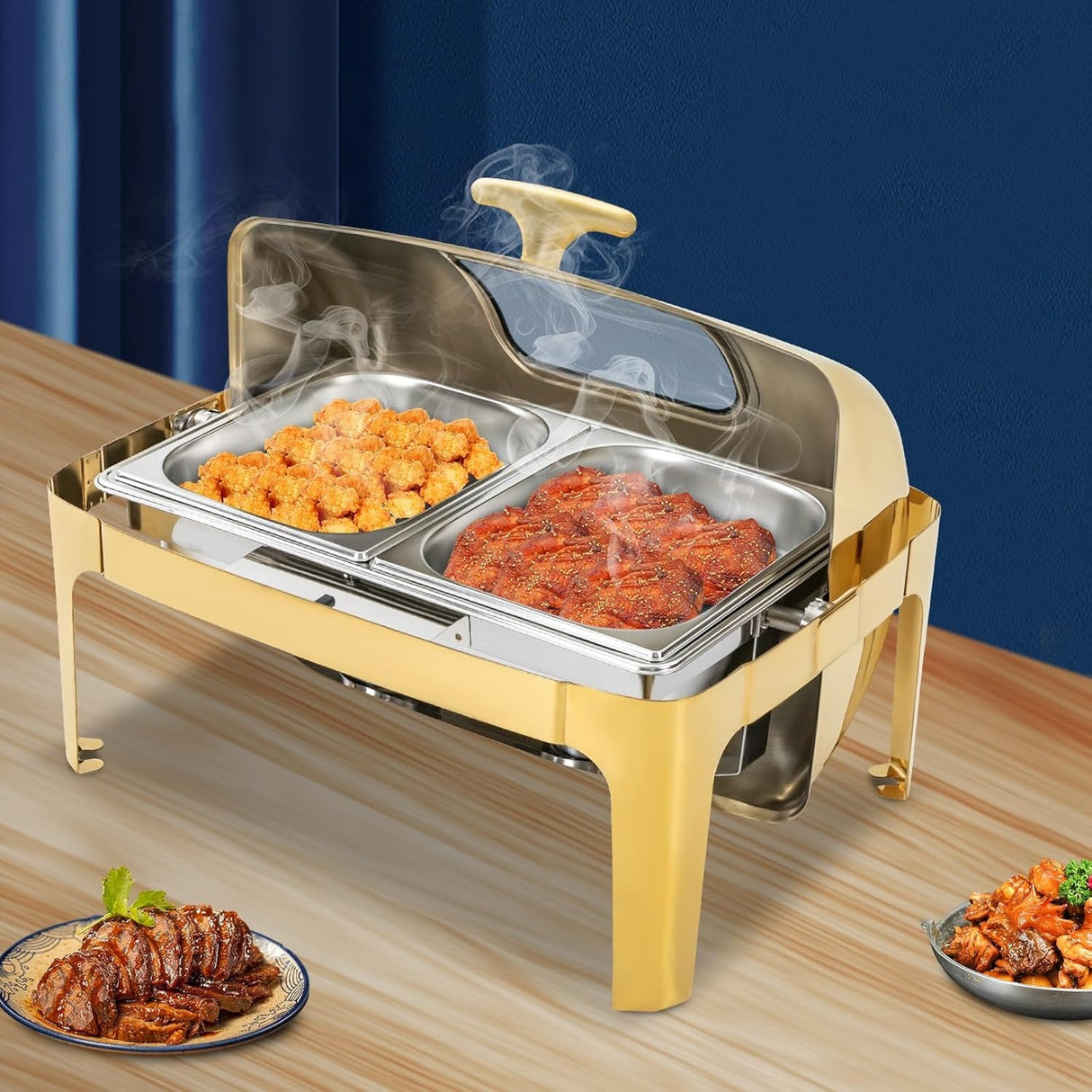 Signature 6L Gold Rolltop Chafing Dish with Glass Window – Elegant Buffet Food Warmer