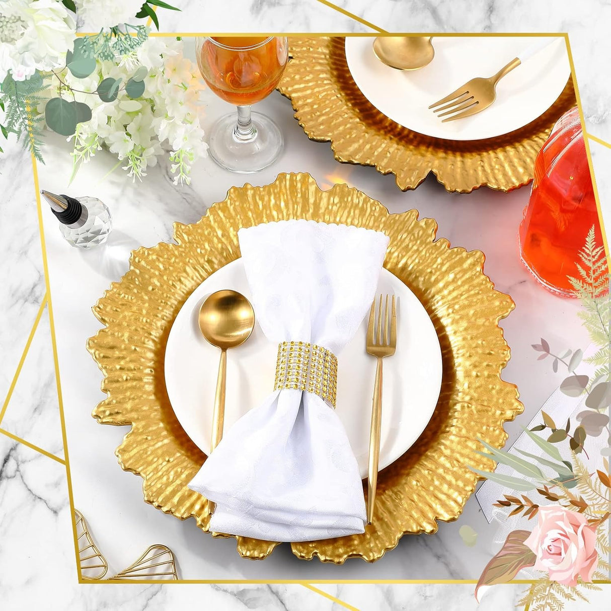 6 Pack Gold Charger Plates for Dinner Plates, 13" Round Plastic Chain Shaped Charger Service Plates, Decorative Chargers Bulk for Table Setting, Wedding, Party, Event