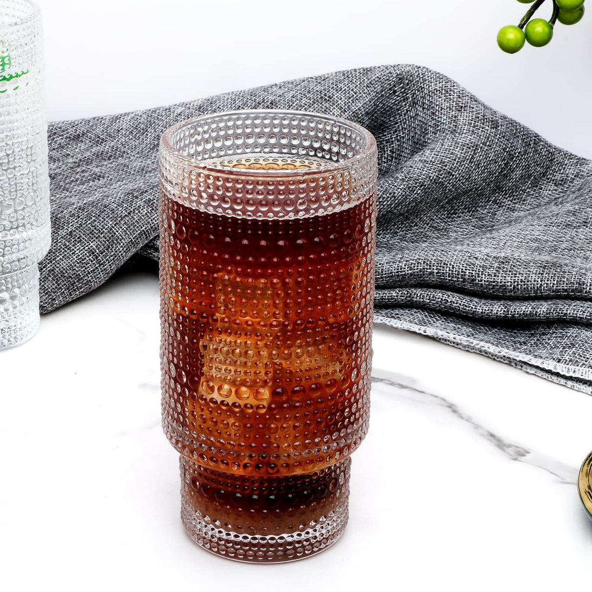 Vintage Tall Drinking Glasses Set of 6,Hobnail Highball Glasses,Romantic Embossed Cocktail Glasses Glass Coffee Glassware Set for Water,Juice,Soda