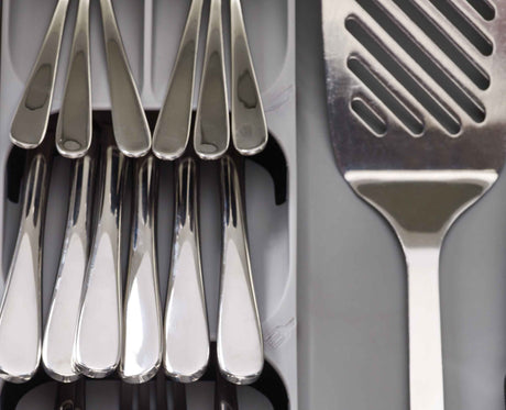 Side profile showing how the stacked cutlery tiers overlap to free up drawer space.