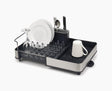 Joseph Joseph Extend stainless-steel dish drainer shown in its compact position.