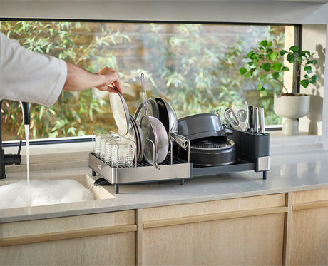 Joseph Joseph Extend Max stainless steel expandable dish rack fully extended with large cookware, Homelux Kenya