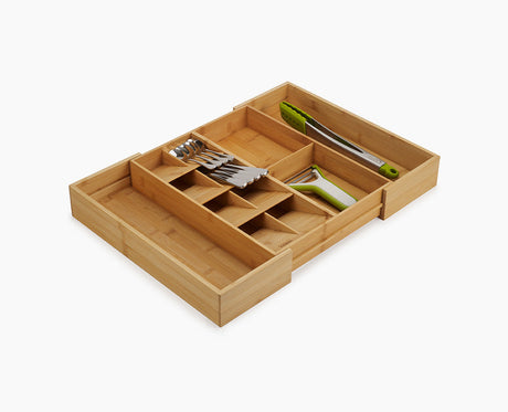 Joseph Joseph DrawerStore expanding cutlery organiser in natural bamboo, fully loaded.