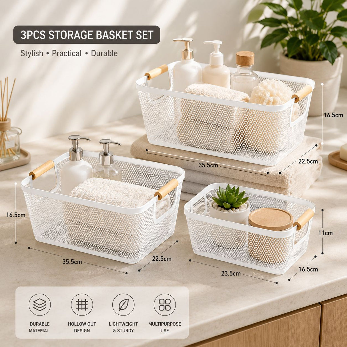 Bathlux 3-Piece Metal Mesh Storage Basket Set with Wooden Handles, Bathroom & Kitchen Organisers