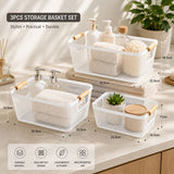 Bathlux 3-Piece Metal Mesh Storage Basket Set with Wooden Handles, Bathroom & Kitchen Organisers