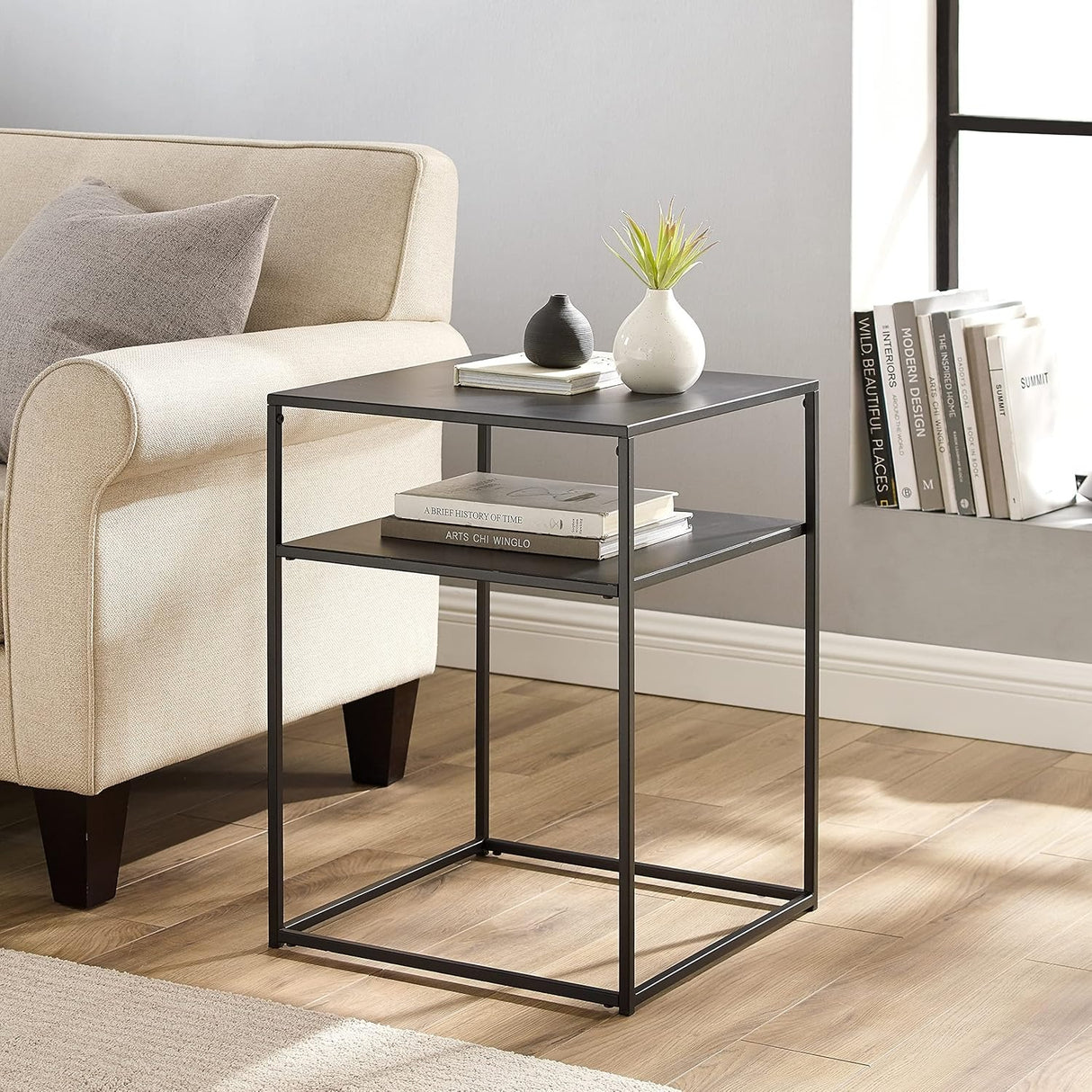 Storage table, black, white, modern saving furniture, phone desk, accent, bedside table for bedroom, 2-tier metal there-tables for lounge corner