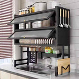 3-Tier Over The Sink Dish Drying Rack & Countertop Organizer Kenya | Over Sink Dish Rack with Flip Cover Doors, Adjustable Metal Kitchen Rack, Cupboard Storage Dish Rack, Dish Drainer with Drainage, Multifunctional Kitchen Storage Rack